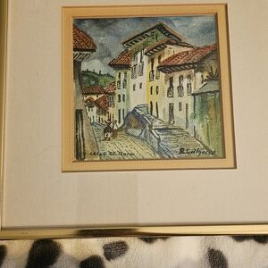 Charming Street Scene Painting with Gold Frame